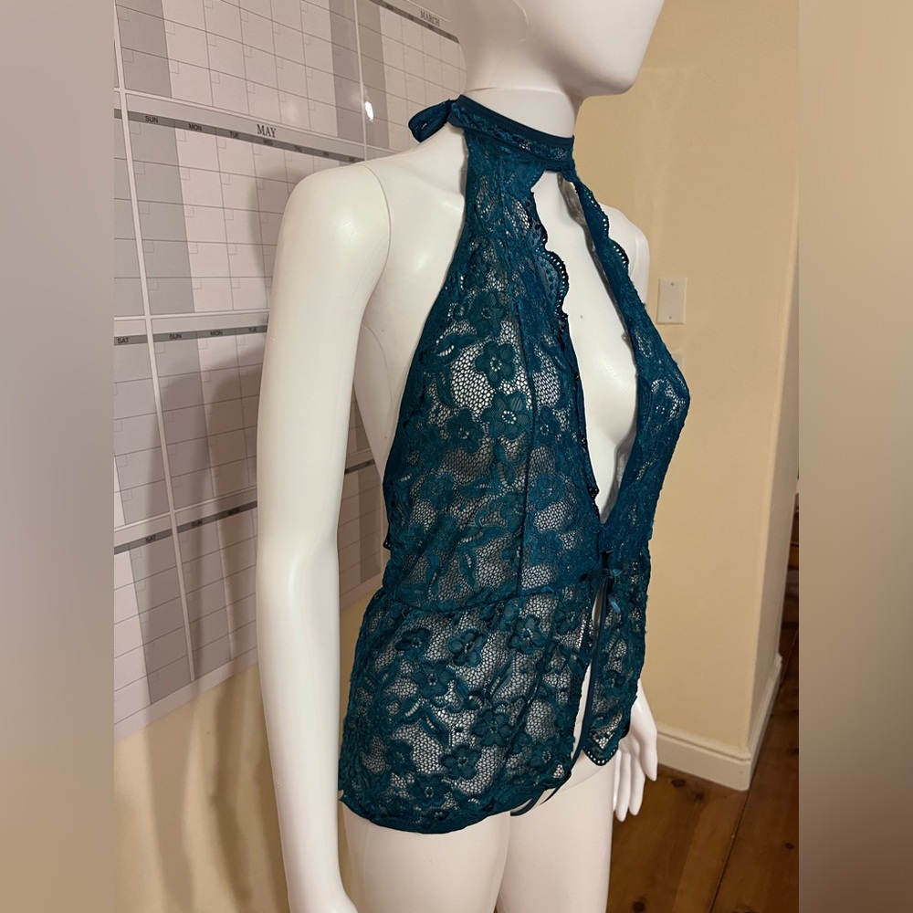 Teal Deep V Halter One Piece Teddy Bodysuit lingerie Crotchless size medium